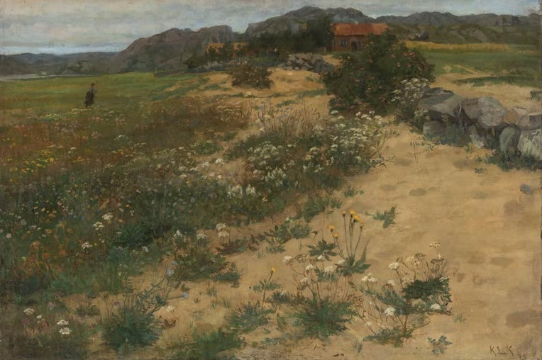Kitty Kielland Landschaft bei Ogna auf Jæren Kunstkopie, sandiger Hang mit Wildblumen, Steinmauer und rotem Hof