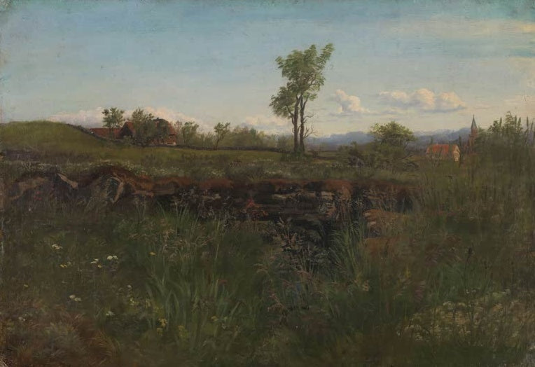 Kitty Kielland Landschaftsstudie aus der Umgebung von Karlsruhe Kunstkopie, Wiese mit Baum, Höfen und Kirchturm