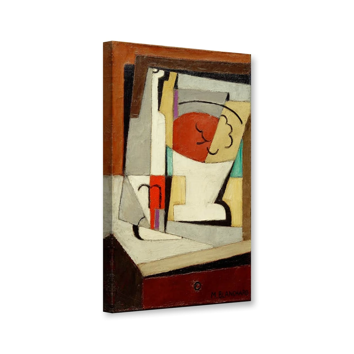 Kubistisches Stillleben mit Flasche und rotem Halbrund von Maria Blanchard als Leinwand – Perspektivansicht