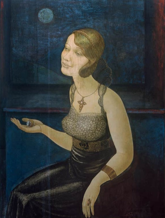 Frau mit Schmuck sitzt vor nächtlichem Fenster mit Mond – Kurt Günther Mondnacht (Frau mit Schmuck) Kunstkopie