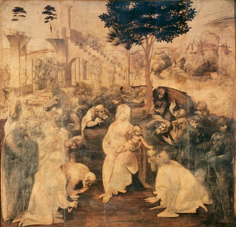 Leonardo da Vinci Die Anbetung der Könige Kunstkopie, Maria mit Kind inmitten anbetender Figuren in gelb-brauner Untermalung