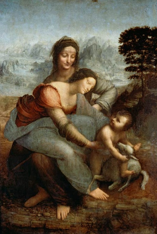 Leonardo da Vinci Die Heilige Anna selbdritt Kunstkopie, Anna, Maria und das Jesuskind mit Lamm vor Felslandschaft