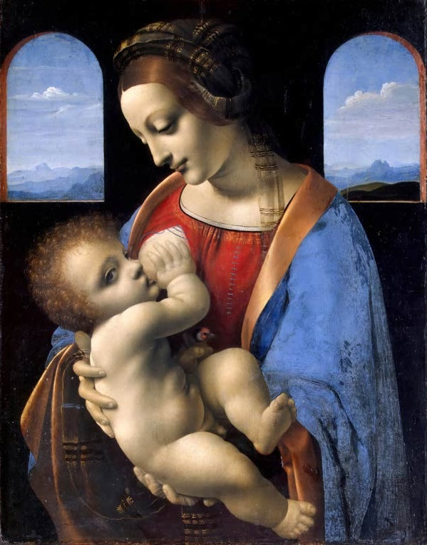 Leonardo da Vinci Madonna Litta Kunstkopie, Maria in rotem Kleid und blauem Mantel stillt das Kind vor zwei Bogenfenstern