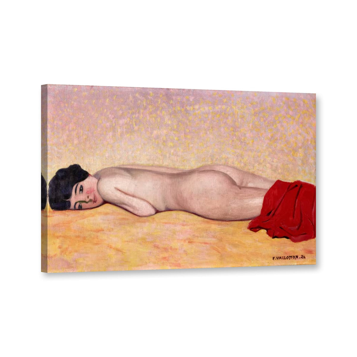 Liegender Akt auf gelbem Grund mit rotem Tuch von Félix Vallotton als Leinwand – Perspektivansicht