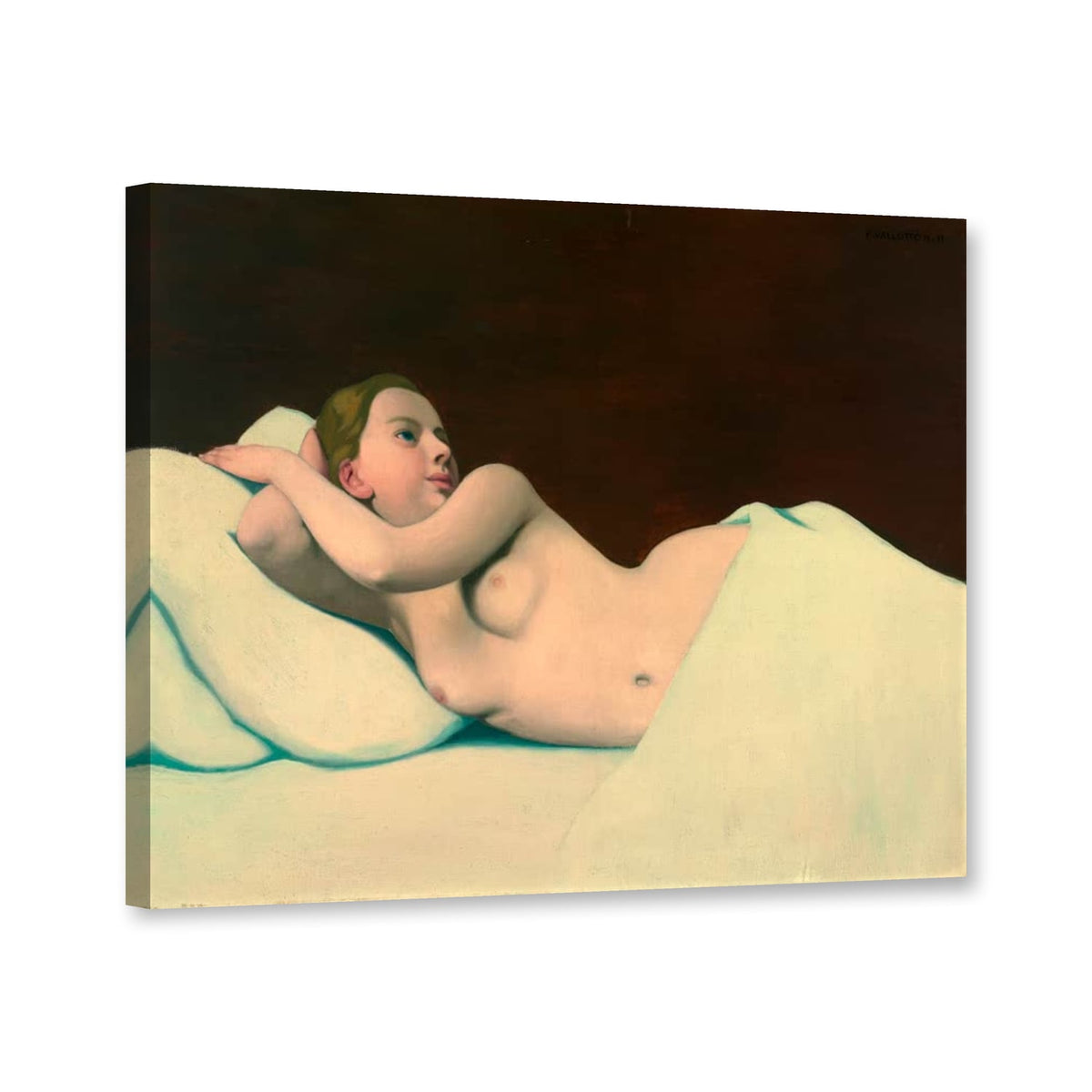 Liegender Akt auf weißem Laken von Félix Vallotton als Leinwand – Perspektivansicht