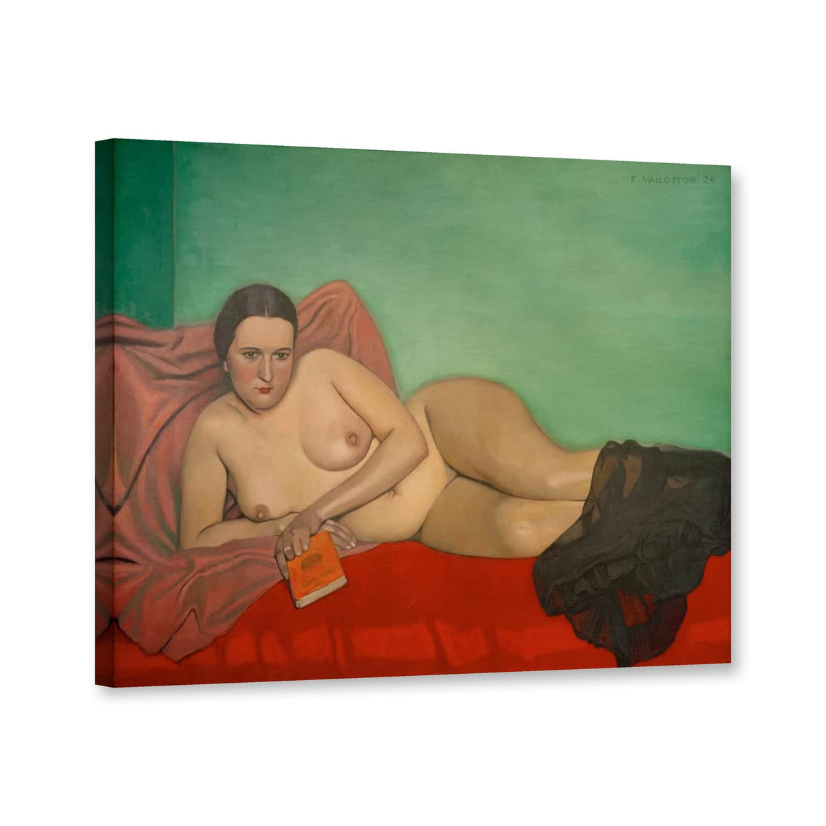 Liegender Akt mit Buch auf rotem Sofa von Félix Vallotton als Leinwand – Perspektivansicht