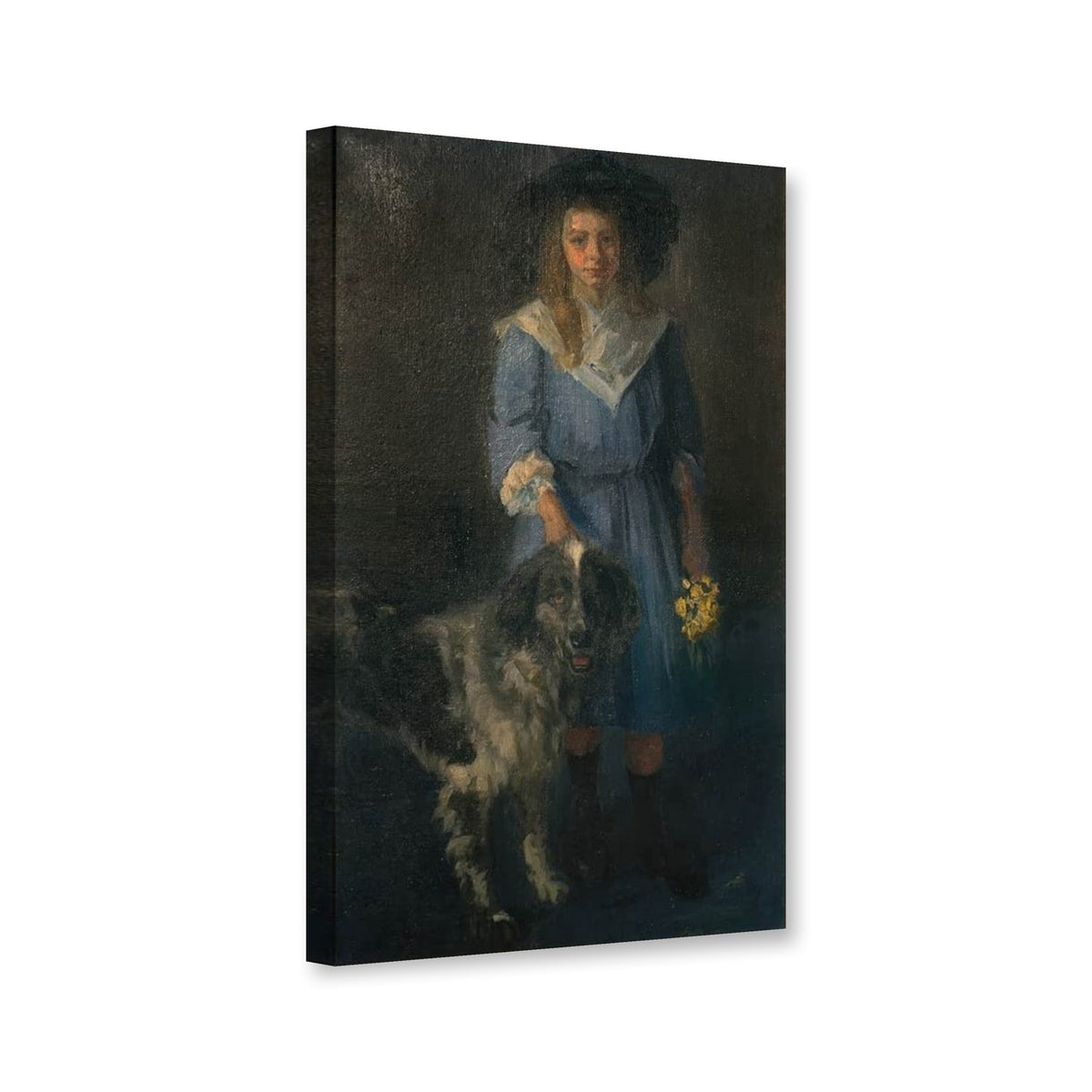 Lilly mit Hund und blauem Kleid von Maria Slavona als Leinwand – Perspektivansicht