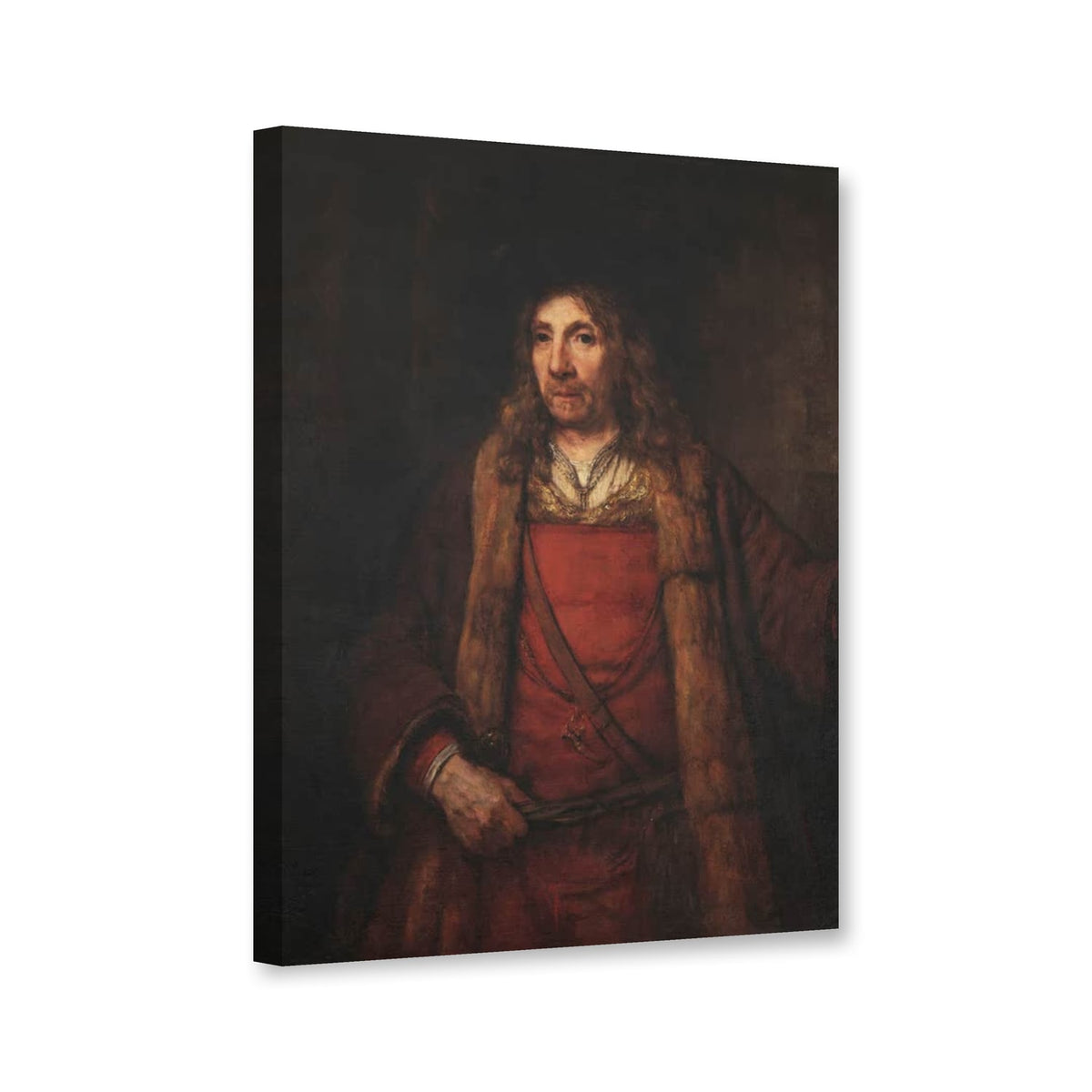 Mann im Pelzmatel von Rembrandt van Rijn als Leinwand – Perspektivansicht