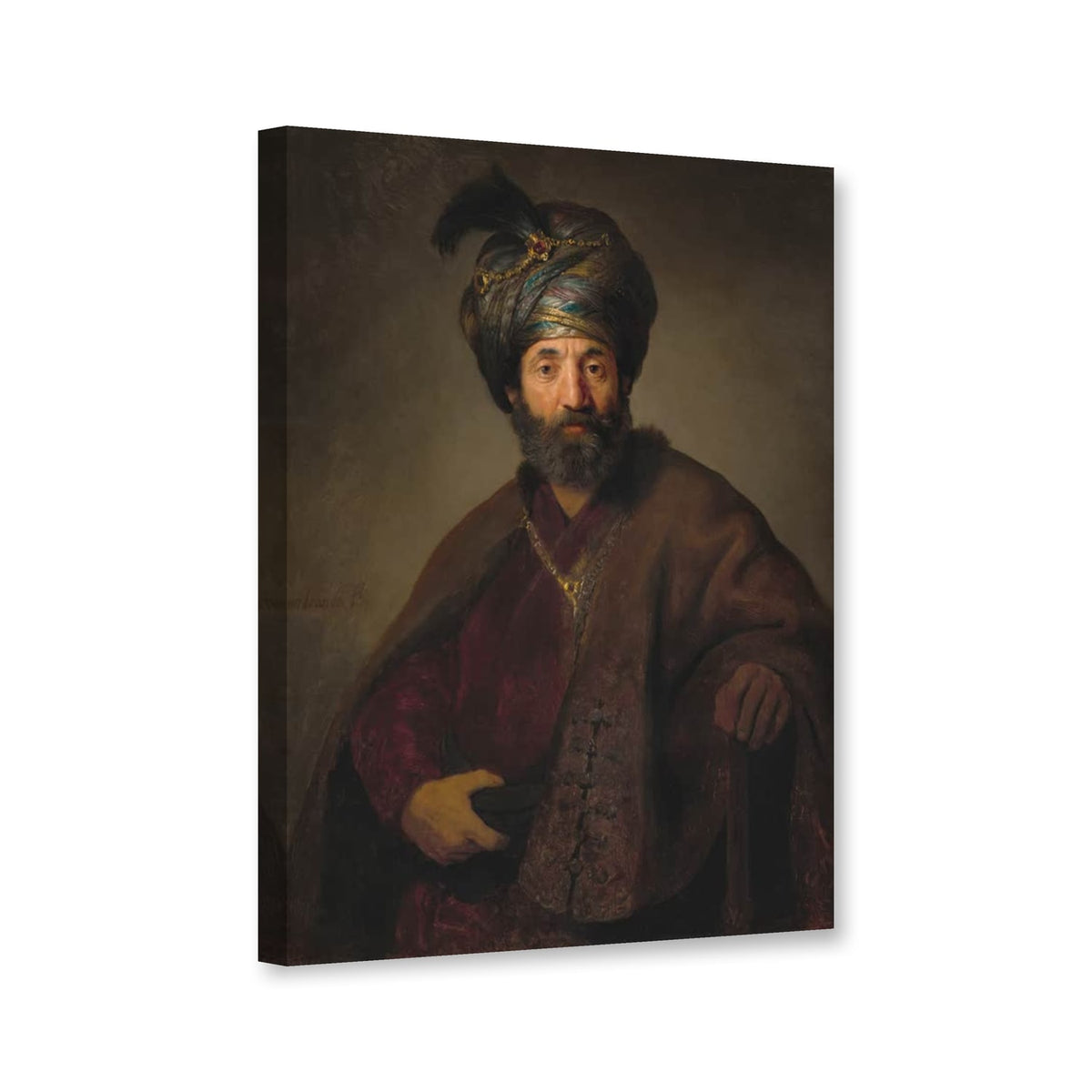 Mann in orientalischer Tracht von Rembrandt van Rijn als Leinwand – Perspektivansicht