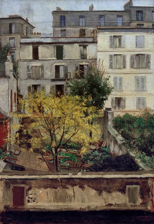 Maria Slavona Häuser am Montmartre Kunstkopie, Pariser Hinterhof mit hellen Fassaden und gelb belaubtem Baum