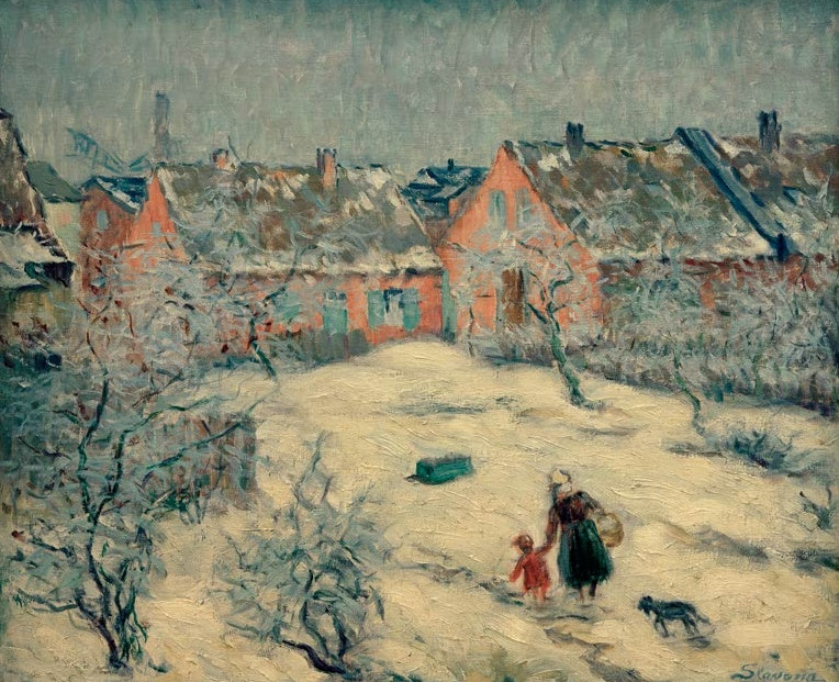 Maria Slavona Kahlhorst bei Lübeck im Raureif Kunstkopie, verschneiter Garten mit Frau, Kind und Hund vor roten Häusern