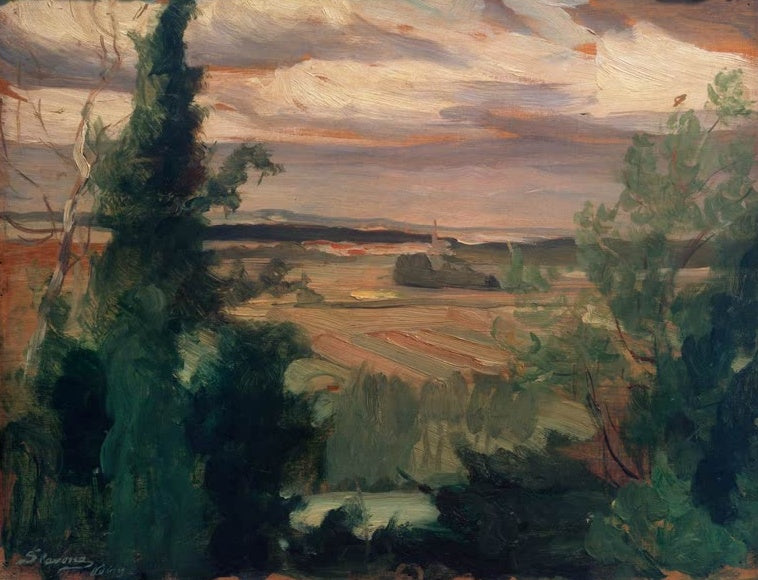 Maria Slavona Landschaft an der Oise Kunstkopie, weites Flusstal mit Feldern und Kirchturm unter bewegtem Abendhimmel