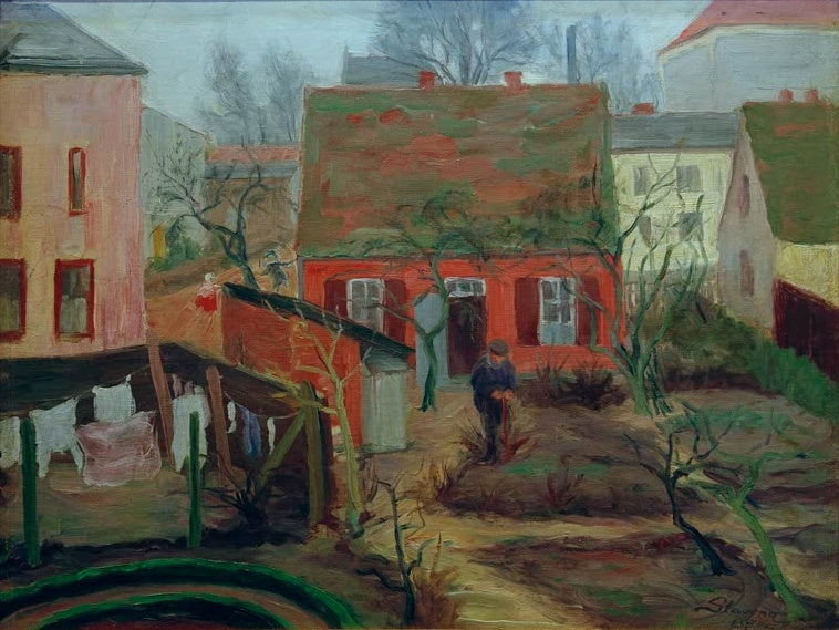 Maria Slavona Landschaft mit Häusern. Lübeck-Kahlhorst Kunstkopie, rotes Haus mit Garten, Wäscheleine und Mann bei der Arbeit