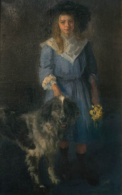 Maria Slavona Lilly mit Hund und blauem Kleid Kunstkopie, Mädchen in blauem Kleid mit schwarzem Hut und großem Hund
