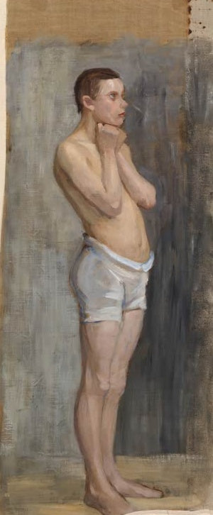 Maria Wiik Aktstudie stehender Junge Kunstkopie, Ölstudie eines Jungen in heller Unterhose vor graublauem Grund