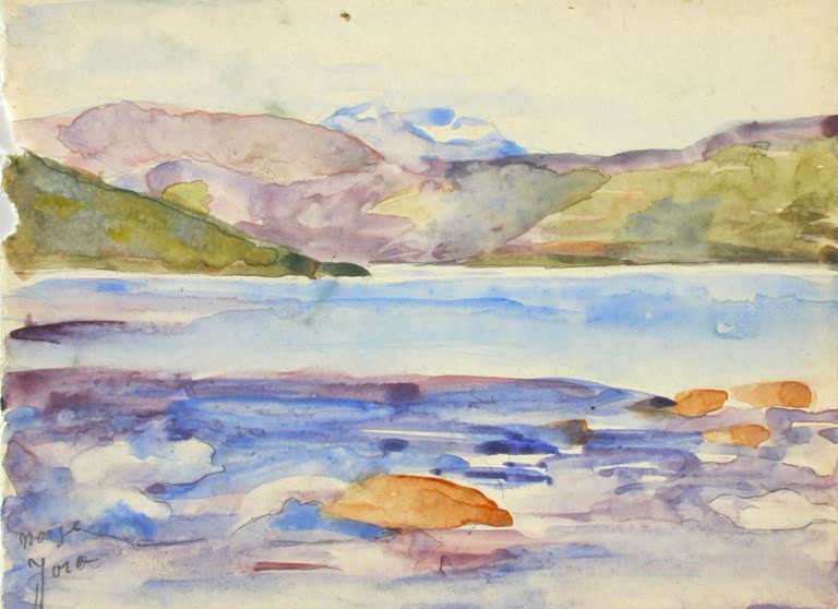 Maria Wiik Fjälllandschaft Kunstkopie, violette Berge und blaue Wasserfläche mit orangefarbenen Felsen im Aquarell