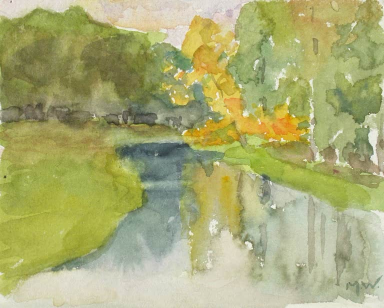 Maria Wiik Herbstbild Kunstkopie, gelbe Herbstbäume und grünes Ufer spiegeln sich in einem dunklen Fluss im Aquarell