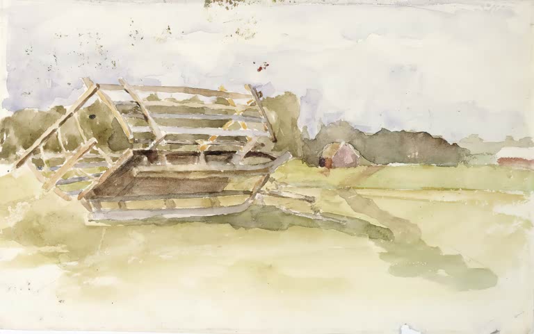 Maria Wiik Heuhaufen auf einer Wiese Kunstkopie, Aquarell mit hölzernem Gestell auf gelbgrüner Wiese unter bewölktem Himmel
