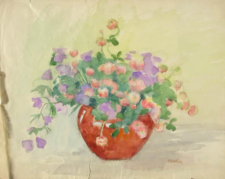 Maria Wiik Klee und Glockenblumen in einer Vase Kunstkopie, rosa Kleeblüten und violette Glockenblumen in roter Vase
