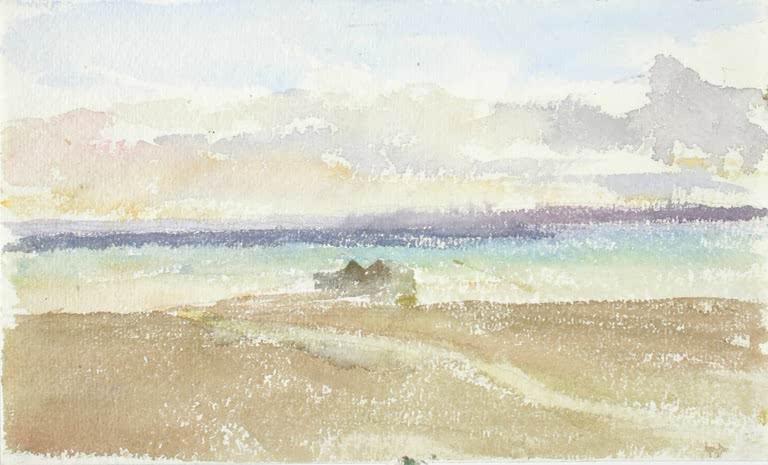 Maria Wiik Küstenlandschaft Kunstkopie, sandfarbener Strand, türkisfarbenes Meer und weiter Wolkenhimmel im Aquarell