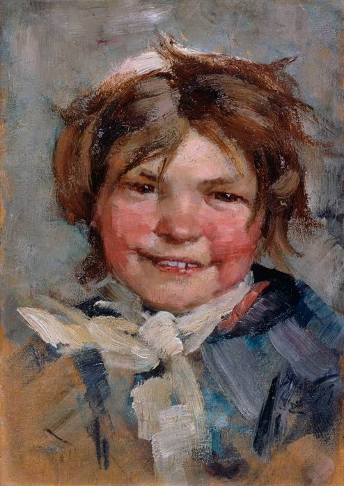 Maria Wiik Lachendes Mädchen Kunstkopie, Kopf eines lächelnden Mädchens mit zerzaustem Haar und weißem Schal in Öl