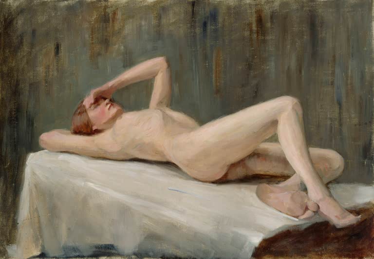 Maria Wiik Liegendes weibliches Modell Kunstkopie, Aktstudie einer auf weißem Tuch ruhenden Frau vor grünlichem Grund