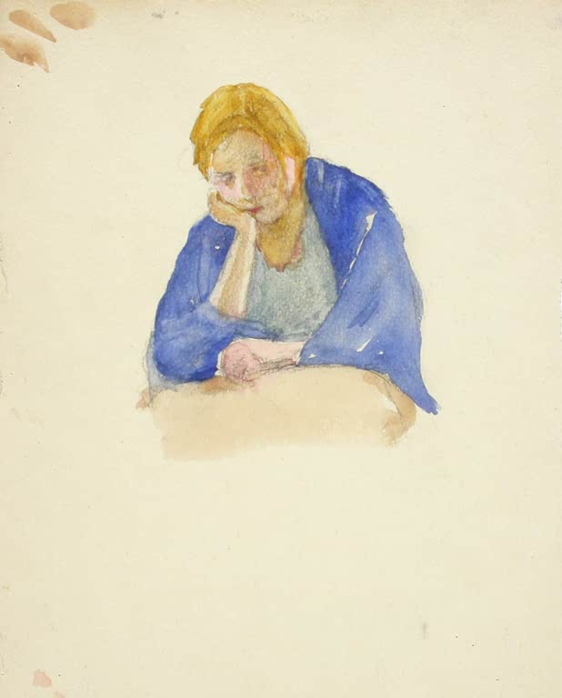 Maria Wiik Mädchen, den Kopf in die Hand gestützt Kunstkopie, blonde Figur in blauem Tuch am Tisch auf hellem Papier
