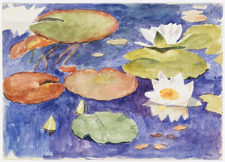 Maria Wiik Seerosen im Wasser Kunstkopie, weiße Seerosen und grüne Blätter auf tiefblauer Wasserfläche im Aquarell