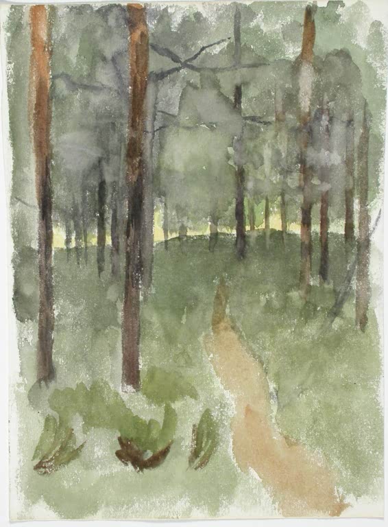 Maria Wiik Waldweg Kunstkopie, hohe Kiefernstämme und ein heller Pfad durch grün getöntes Gras im Aquarell