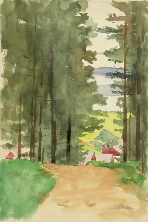 Maria Wiik Weg zwischen Nadelbäumen Kunstkopie, hohe grüne Nadelbäume, sandiger Weg und Blick auf einen See im Aquarell