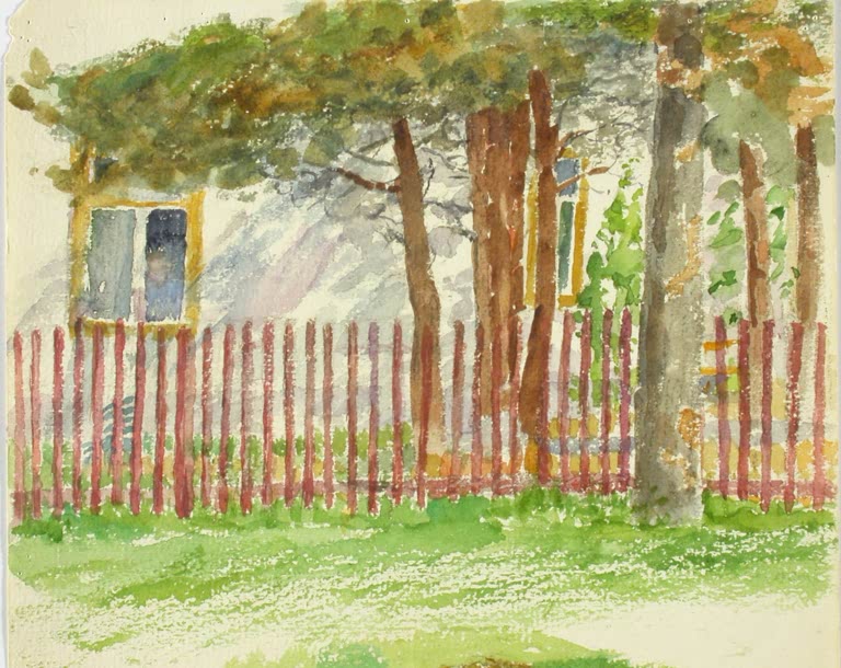 Maria Wiik Zaun und Bäume vor einem weißen Haus Kunstkopie, roter Lattenzaun, Stämme und gelb gerahmte Fenster im Aquarell