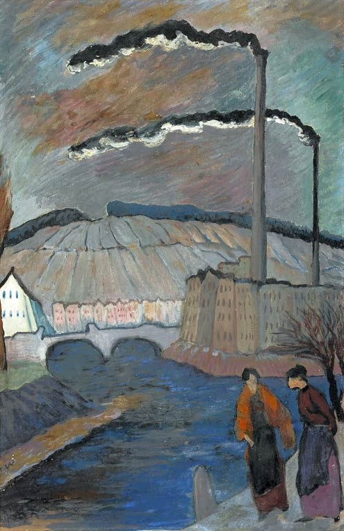 Marianne von Werefkin Abendausflug am Fluss Kunstkopie, zwei Frauen am blauen Fluss vor Brücke und rauchenden Fabrikschloten