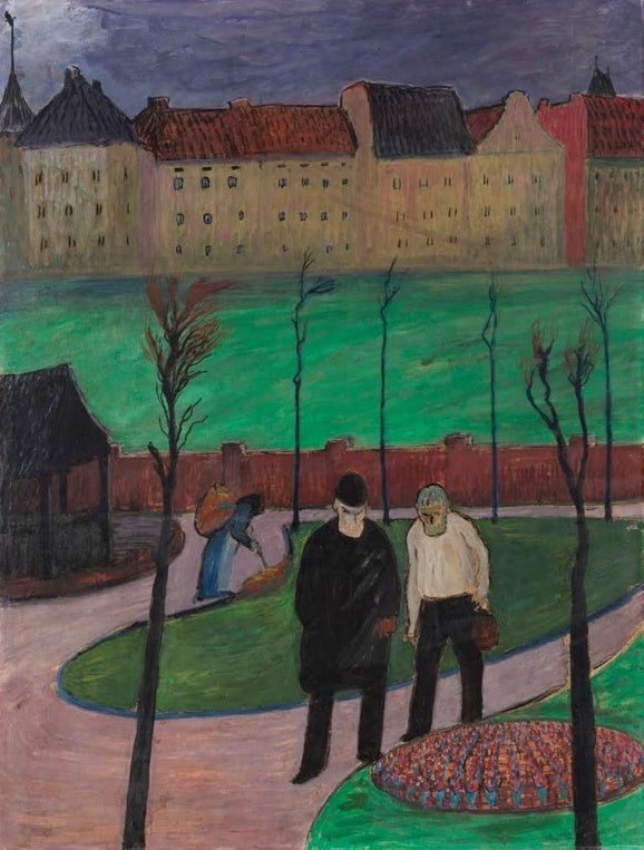 Marianne von Werefkin Am Blumenbeet Kunstkopie, zwei Männer im Park vor Gebäuden unter violettem Gewitterhimmel