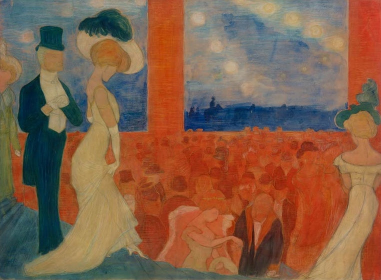 Marianne von Werefkin Ballsaal Kunstkopie, elegante Gäste in Abendgarderobe vor roter Menge und blauem Nachtfenster