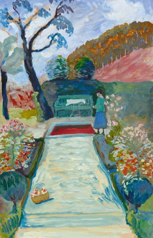 Marianne von Werefkin Bei Cuno Amiet Kunstkopie, Frau in einem blühenden Garten mit hellem Weg und Korb voller Blüten