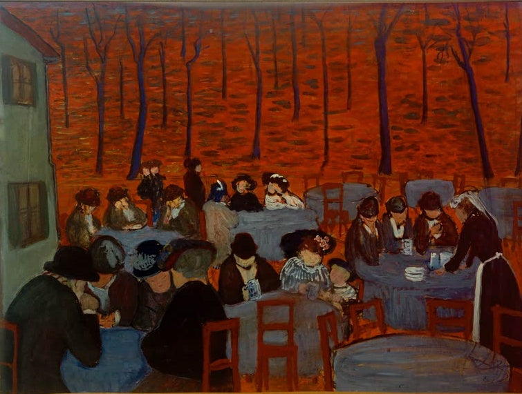 Marianne von Werefkin Biergarten Kunstkopie, Gäste an runden Tischen unter hohen Bäumen auf leuchtend orangefarbenem Grund