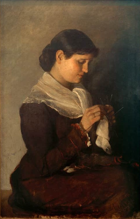 Marianne von Werefkin Bildnis Vera Repin Kunstkopie, junge Frau in dunklem Kleid mit hellem Schultertuch beim Stricken