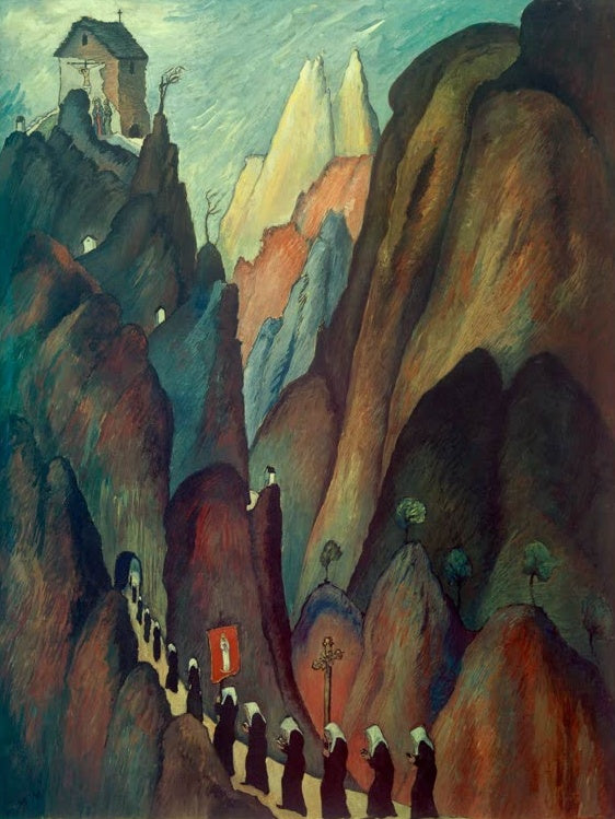 Marianne von Werefkin Der Kreuzweg II Kunstkopie, Prozession von Nonnen auf einem Bergpfad zu einer Kapelle auf dem Gipfel