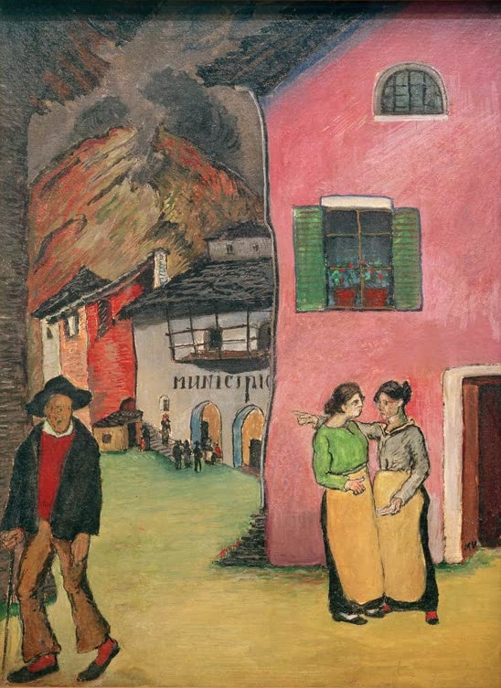 Marianne von Werefkin Der Vorfall Kunstkopie, zwei Frauen vor rosa Haus im Gespräch, links ein alter Mann mit Stock im Dorf