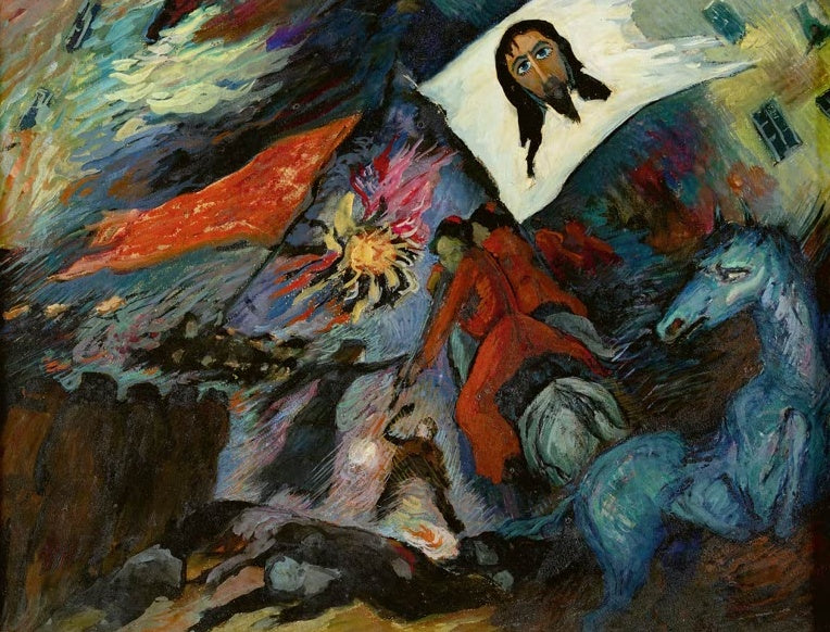 Marianne von Werefkin Der Wahnsinn, Revolution Kunstkopie, blaues Pferd, rote Reiter und Christusantlitz auf weißem Banner