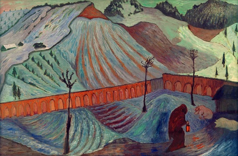Marianne von Werefkin Die Frau mit der Laterne Kunstkopie, verhüllte Gestalt mit Laterne vor verschneiten Bergen