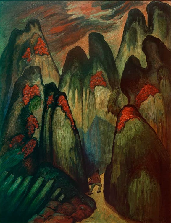 Marianne von Werefkin Die Freveltat Kunstkopie, Gestalt in enger Bergschlucht zwischen grünen Felsen mit roten Kuppen
