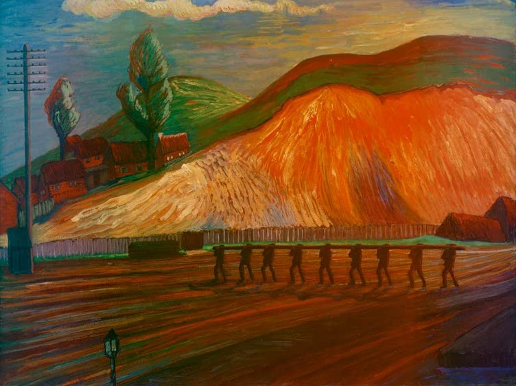 Marianne von Werefkin Die Grube Kunstkopie, Männer tragen eine Last vor einer glühend orangefarbenen Halde und rotem Weg