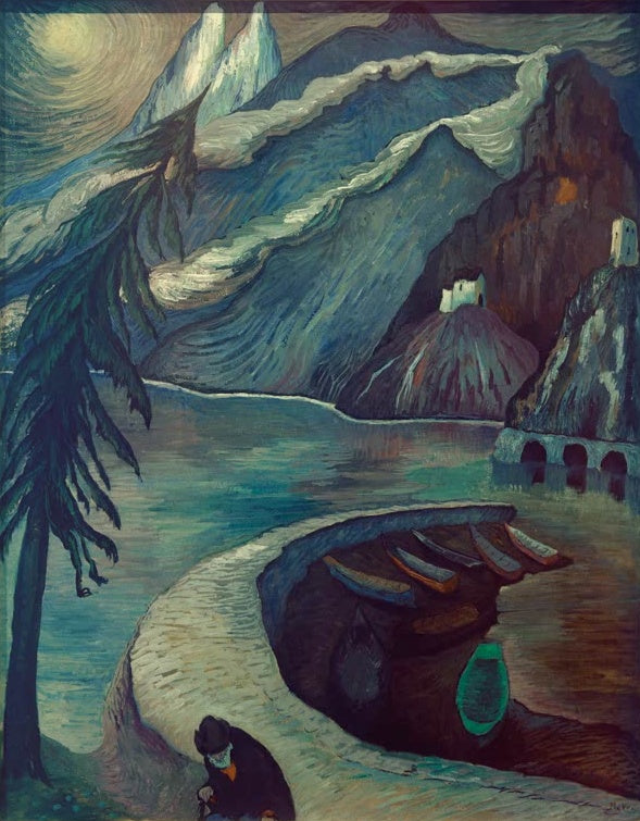 Marianne von Werefkin Die Verlassenen Kunstkopie, alter Mann an einer Hafenbucht mit Booten unter mondbeschienenen Bergen