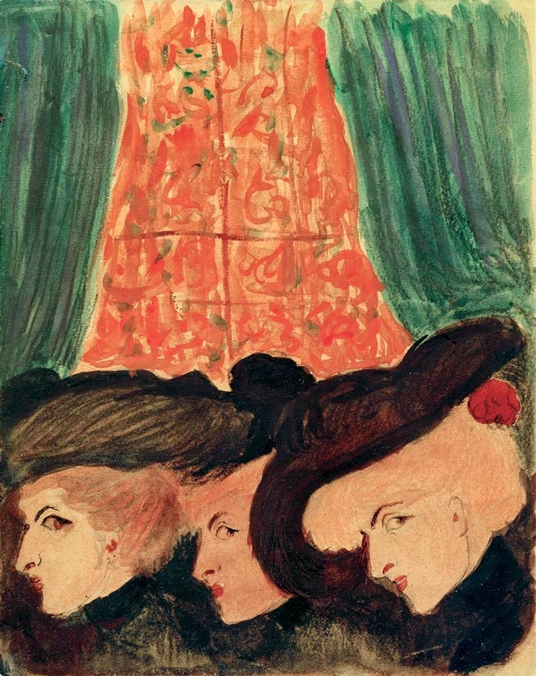 Marianne von Werefkin Drei Frauen im Theater Kunstkopie, drei Profile mit dunklen Hüten vor grünem Vorhang
