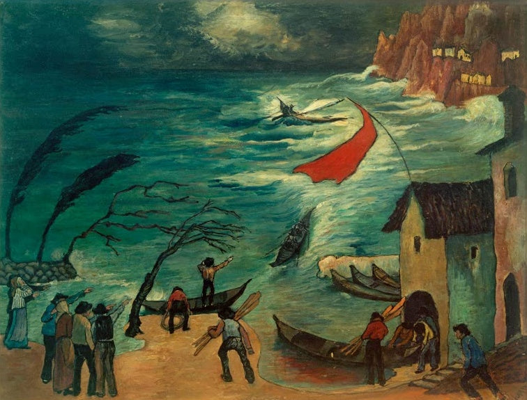 Marianne von Werefkin Fischer im Sturm Kunstkopie, aufgewühltes türkisfarbenes Meer mit Booten und Menschen am Ufer
