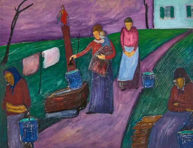 Marianne von Werefkin Frauen am Brunnen Kunstkopie, Frauen mit blauen Eimern an einem Dorfbrunnen vor violettem Himmel