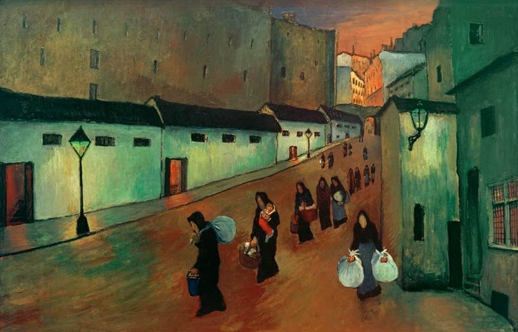 Marianne von Werefkin Heimkehr Kunstkopie, Frauen mit Bündeln und Körben ziehen durch eine abendliche Straße mit Laternen