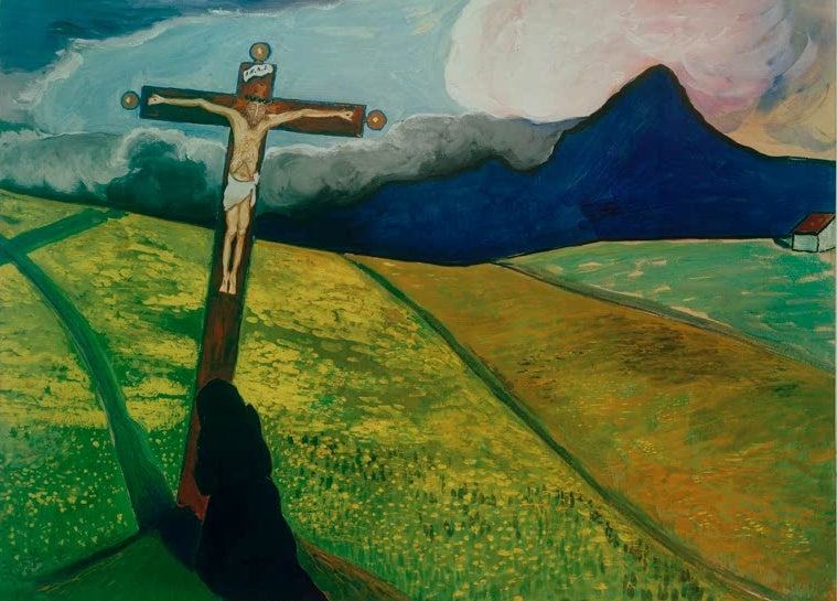 Marianne von Werefkin Kreuz in Landschaft Kunstkopie, Wegkreuz mit Gekreuzigtem über gelb blühenden Wiesen vor blauem Berg