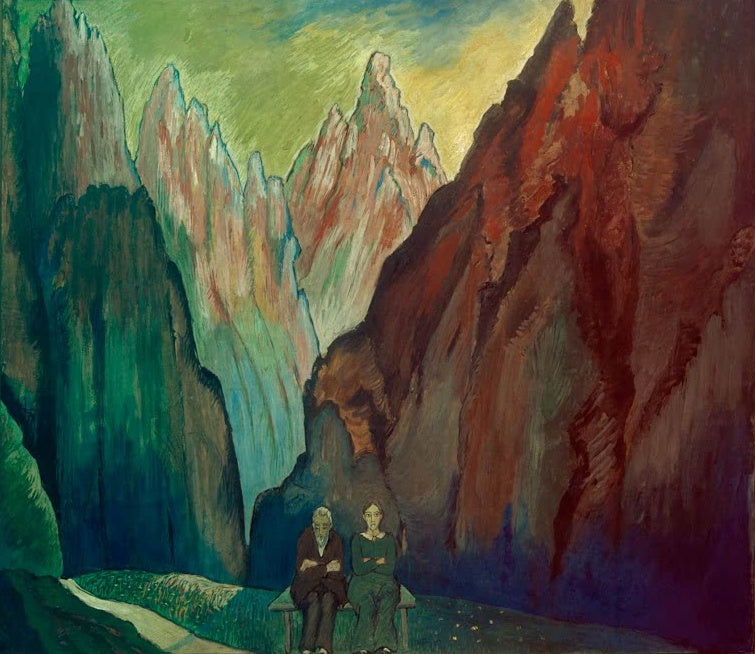 Marianne von Werefkin Mit dem Rücken zum Leben Kunstkopie, älteres Paar auf einer Bank in einer engen Felsschlucht